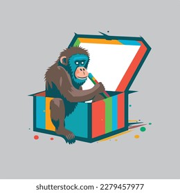 A Baboon in a box with a paintbrush flat logo style