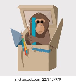 A Baboon in a box with a paintbrush flat logo style