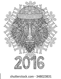 Baboon head in zentangle style. African monkey with ornament for cover, poster or t-shirt. Antistress coloring page for adults. Symbol of the 2016 year. Christmas design. Vector illustration