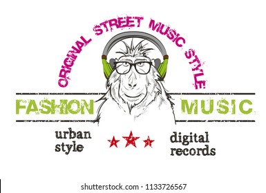 baboon listens to music in headphones.Vector grunge label for t-shirt design. Street style. Fashion music.