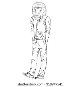 baboon monkey dressed up in casual style, animal hipster, furry art illustration