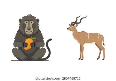 Baboon monkey and gazelle antelope wild African safari animals flat character illustration vector set.
