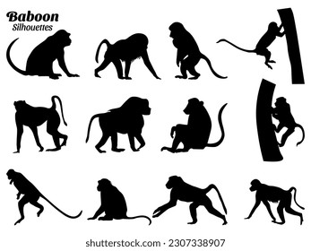 Baboon monkey silhouettes vector illustration set