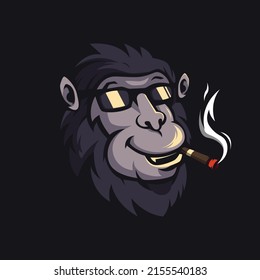 Baboon monkey wearing glasses while smoking, mascot logo design illustration