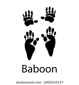 Baboon paw print black isolate on white background .African animal vector illustration, wild animal doodle style for different design uses , book, banner , flayer or fabric pattern.