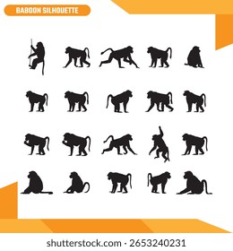 Conjunto de Silhuetas de Babuíno - Coleção de Vetores de Animais Selvagens em Estilo Silhueta Preto