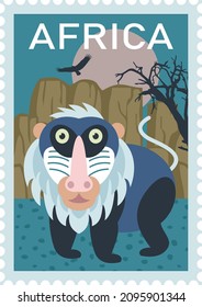 Baboon. Travel to Africa Poster Design, Postage Stamp, Sticker, Banner