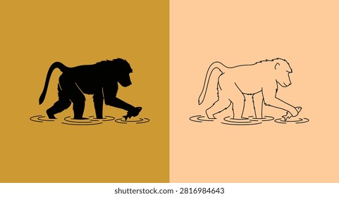 Baboon walking silhouette and line art animal illustration with silhouette