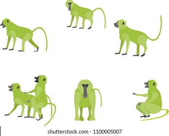 Baboons apes family vector set, in different poses