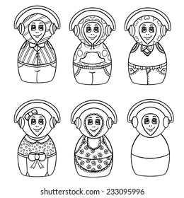Baboushka Dolls in Headphones Vector Cartoon Characters - Coloring Book