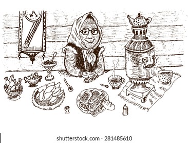 Babushka.The kind grandmother sits at a table. Samovar, tea, pies, candies. Vector cartoon. Drawn by hand