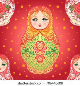 Babushka (matryoshka) seamless pattern. Traditional Russian wooden nesting doll with painted flowers. Folk arts and crafts. Vector illustration in cartoon style isolated on white. Souvenir from Russia