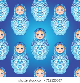 Babushka (matryoshka) seamless pattern. Traditional Russian wooden nesting doll with painted flowers. Folk arts and crafts. Vector illustration in cartoon style isolated on white. Souvenir from Russia