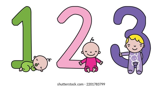 Baby 1, 2 and 3 years old vector illustration