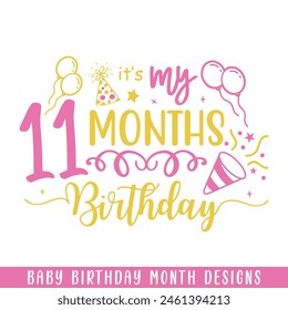 Baby 11 months birthday decorative, baby birthday months designs svg