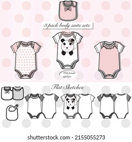 Baby 3 pack bodysuits with panda art