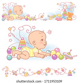 Baby of 6 months learn to  crawl. Cute baby boy or girl in yellow bodysuit. Vector frame, upper and bottom border.  Decorative elements, bottle of milk, pacifier, carriage, bear. Vector illustration.