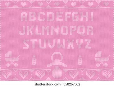 Baby ABC Alphabet, Knitting Pattern, Girl, Pink Rosa with little hearts, pacifiers, milk bottle and a baby carriage. Useful for Postcards