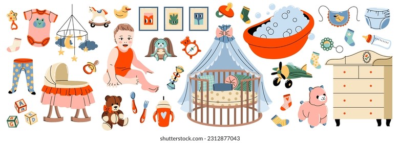 Baby accessories. Different nursery objects, cute newborn with toys, playpen, changing table, clothing and diapers, bed and bath, bottle with pacifier, tidy vector cartoon flat isolated set