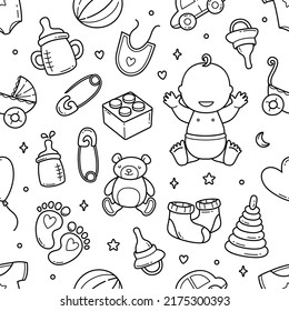 Baby accessories doodle seamless pattern background vector illustration
