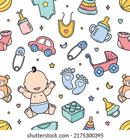 Baby accessories doodle seamless pattern background vector illustration