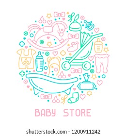 Baby accessories elements banner. Linear style vector illustration. Suitable for advertising or web