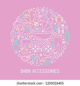 Baby accessories elements card. Linear style vector illustration. Suitable for advertising or web