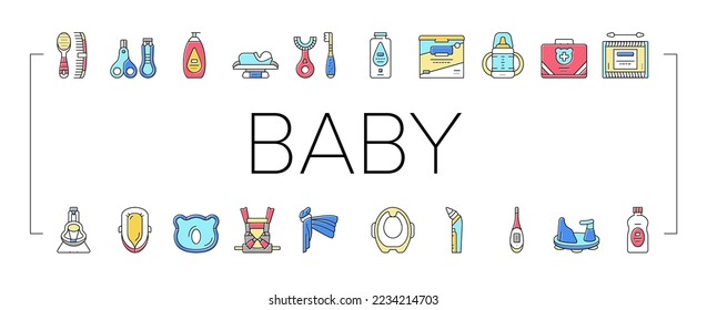 Baby Accessories And Equipment Icons Set Vector. Baby Lotion And Powder Cosmetics, Nail Clippers And Thermometer, First Aid Kit And Weight Scale, Cotton Swabs And Snot Sucker Line. Color Illustrations