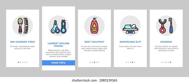 Baby Accessories And Equipment Onboarding Mobile App Page Screen Vector. Baby Lotion And Powder Cosmetics, Nail Clippers And Thermometer, First Aid Kit Weight Scale, Swabs Snot Sucker. Illustrations