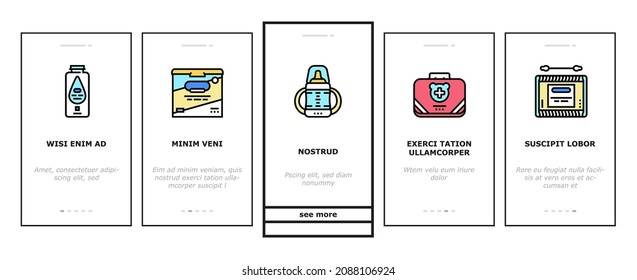 Baby Accessories And Equipment Onboarding Mobile App Page Screen Vector. Baby Lotion And Powder Cosmetics, Nail Clippers And Thermometer, First Aid Kit Weight Scale, Swabs Snot Sucker. Illustrations