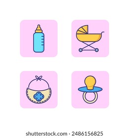 Baby accessories line icon set. Baby stroller, pacifier, bib and bottle. Care of newborn concept. Vector illustration for web design and apps