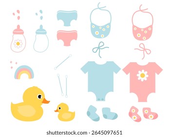 Baby accessories with milk bottle, rainbow, yellow duck, baby apron, cotton bud, ribbon bows body suit and socks icon sign set isolated on white background vector.