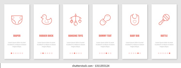 Baby accessories onboarding screens design. Template for mobile apps and website. Vector illustration.