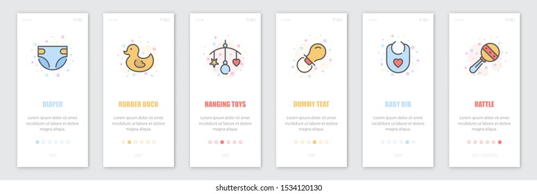 Baby accessories onboarding screens design. Template for mobile apps and website. Vector illustration.