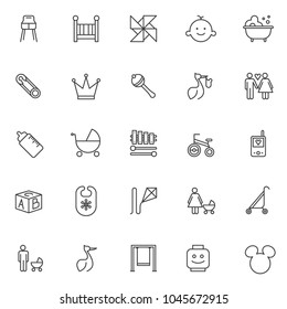 Baby accessories outline icons set. linear style symbols collection, line signs pack. vector graphics. Set includes icons as childrens chair, crib, pinwheel, baby's room, fairytale, stork with bundle