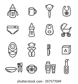 Baby accessories set. Black line icons. Isolated elements on white background. Universal standard style. Vector illustration for minimal design.