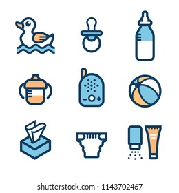 Baby accessories. Set of icons: non-spill cup with handles, feeding bottle, ball, rubber duck for bath, soother, baby monitor, cream tube, powder. Collection of symbols of babyhood and care