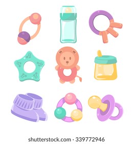 Baby accessories set. Vector illustration. Cute design, pastel colors