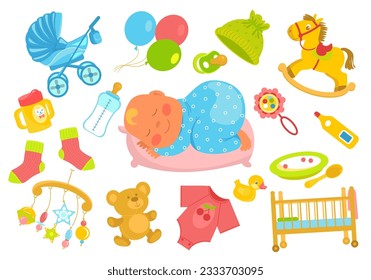 Baby accessories. Sleeping newborn. Different care supplies. Milk bottle. Bed and stroller. Childish feeding. Funny toddler products. Toys and romper. Plush bear