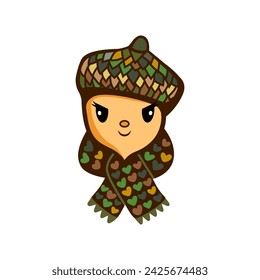 
Baby Acorn in a warm beret and scarf. Cartoon character. Vector illustration.