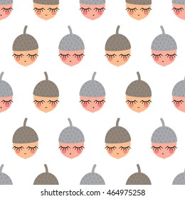 Baby acorns seamless pattern. Child drawing style nature background. Design for textile, wallpaper, fabric.