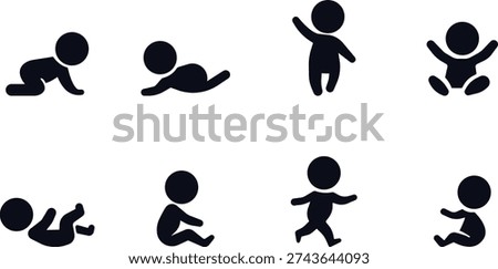 Baby activity stages set, Infant movement milestones silhouettes pack, Child development crawling sitting walking collection
