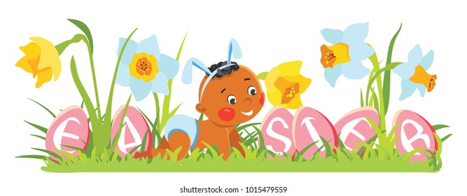 Baby african boy in bunny ears with decorative eggs