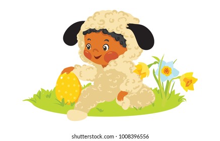 Baby african boy in lamb costume with decorative egg with flowers