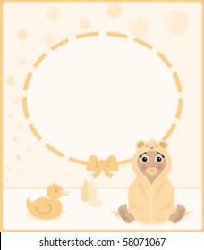 Baby of african descent sitting in hooded towel with cute bear ears sign/frame with copy space. In neutral shades for baby boys and girls.