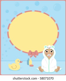 Baby of african descent sitting in hooded towel with cute bear ears sign/frame with copy space. Multicolored for baby boys and girls.