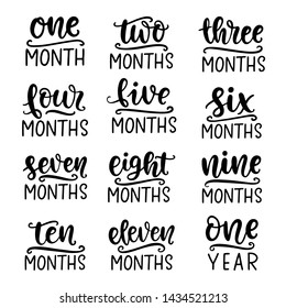 Baby age markers set. Vector monthly milestone cards 1-11 months and 1 year for girl or boy birthday. Newborn calligraphy lettering tag, party invitation, label sticker, nursery, t shirt design
