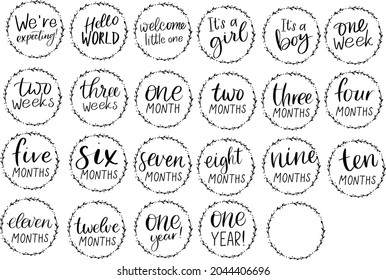 Baby age markers set. Vector monthly milestone cards 1-12 months and 1 year for girl or boy birthday. Newborn calligraphy lettering tag, label sticker, t shirt design