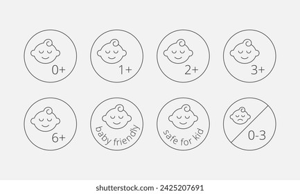 Baby ages prohibition sign, line icon set. Baby products and packaging instructions symbols. Vector illustration