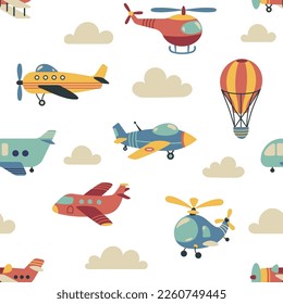 Baby air transport pattern. Seamless print of cute childish aviation, nursery wallpaper with doodle kid airplane helicopter transportation. Cartoon vector texture of sky air pattern illustration - Shutterstock ID 2260749445